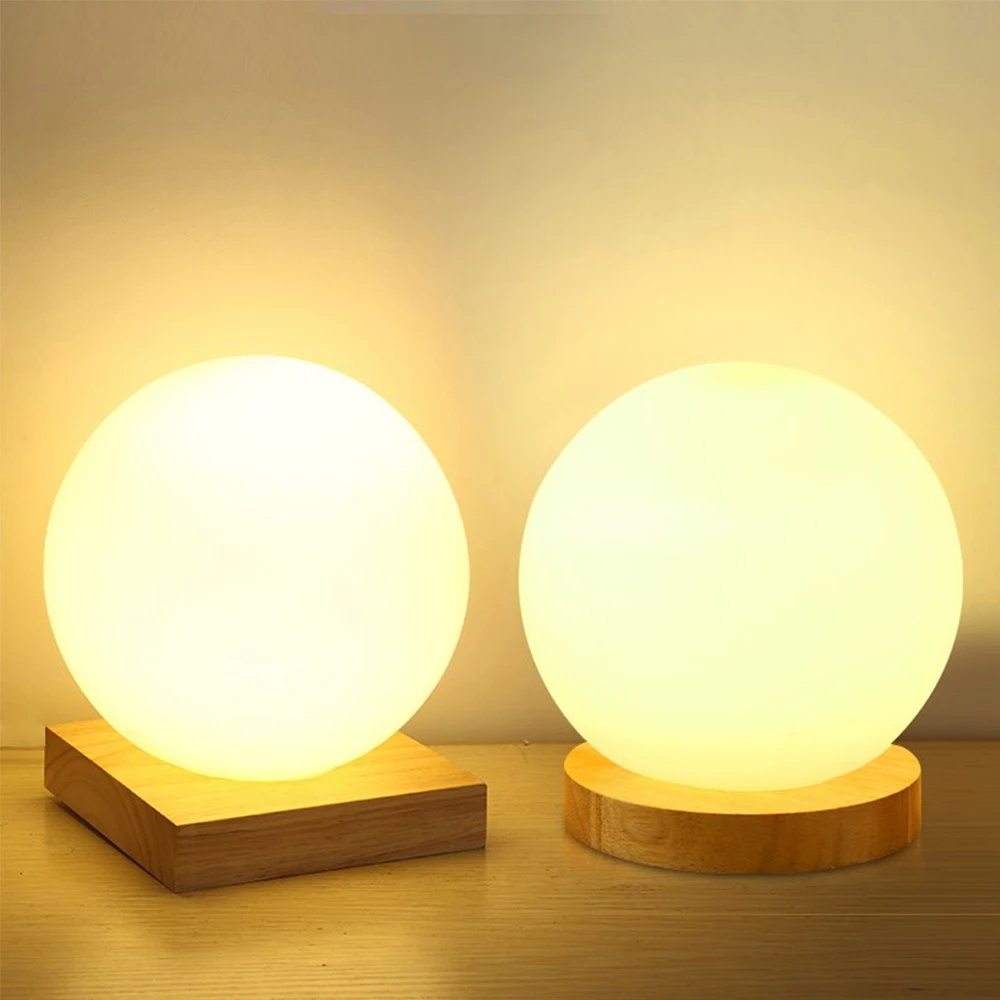 cheap Creative Novelty Dimmable 3D Moon Table Lamp Living Room Home Deco Glass Ball Wooden Base Lamp for Office Foyer Night Light