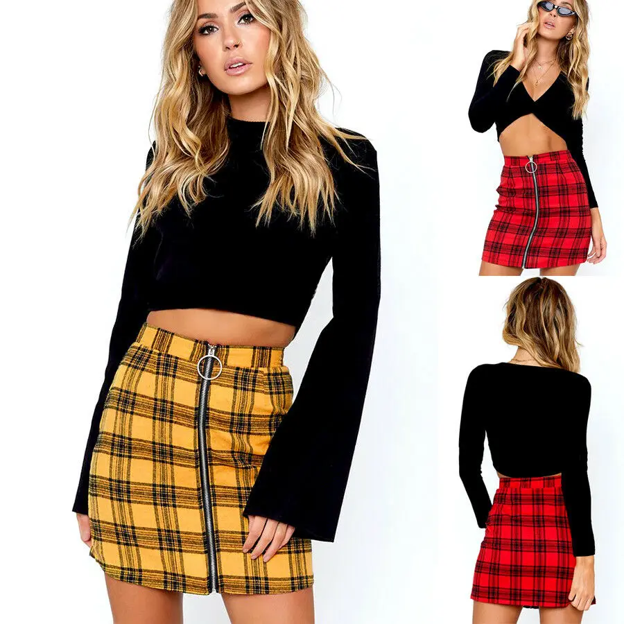 

Women Fashion Casual Plaid Tartan Zipper Mini Skirt Lady High Waist Checked Bodycon A Line Daily Clothes Pretty Beautiful Preppy