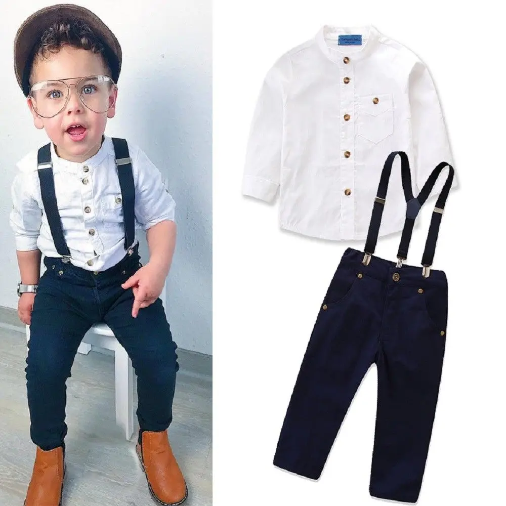 

2019 Kid Baby Boy Fashion Clothes Gentleman Button White T-shirt Top+Strap Black Pants Suspender Trousers Autumn Outfits Set