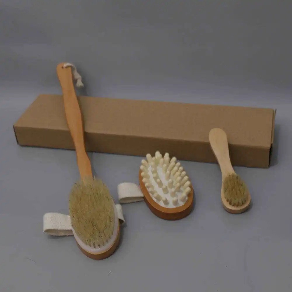 1set Dry brushing body brush natural boar bristles with long hand kit bath cleaning brushes kit