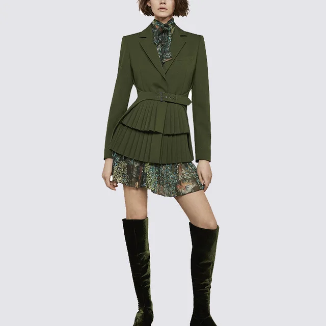 Autumn Winter Notched Long Slim Blazers Vintage Women Pleated Blazer Sashes Long Sleeve Female Tops