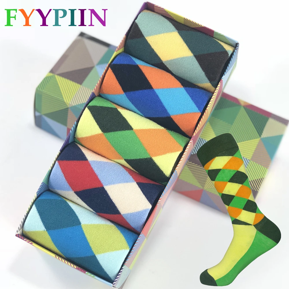 

2019 men's new combed cotton socks fashion design colorful squares business banquet entertainment happy socks men