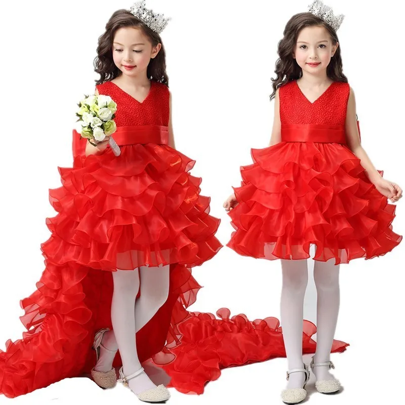 

Luxury Ball Gown Flower Girls Wedding Dresses Summer 2019 New Sleeveless Princess Girls Layered Dresses Removable Trails 2-13Y