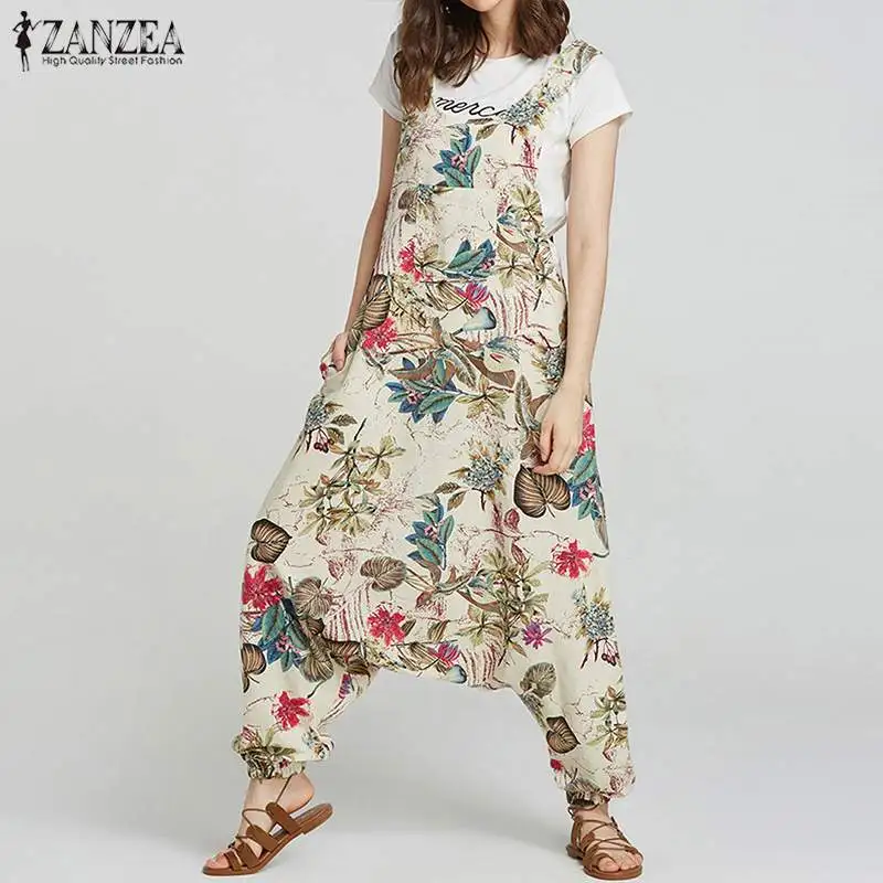 Plus Size Linen Overalls Women's Drop-Crotch Jumpsuits ZANZEA 2019 Summer Tank Rompers Vintage Print Pant Combinaison Femme 5XL