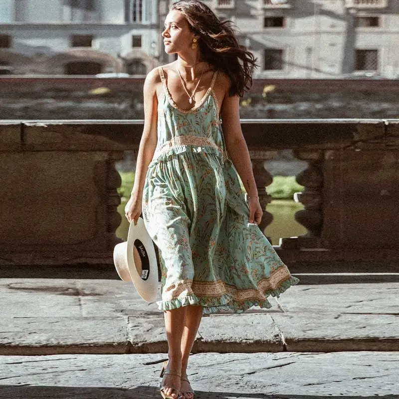 

BOHO INSPIRED Vintage Turquoise strappy dress frill panel gypsy summer dresses V-neck sleeveless chic beach dress women 2019