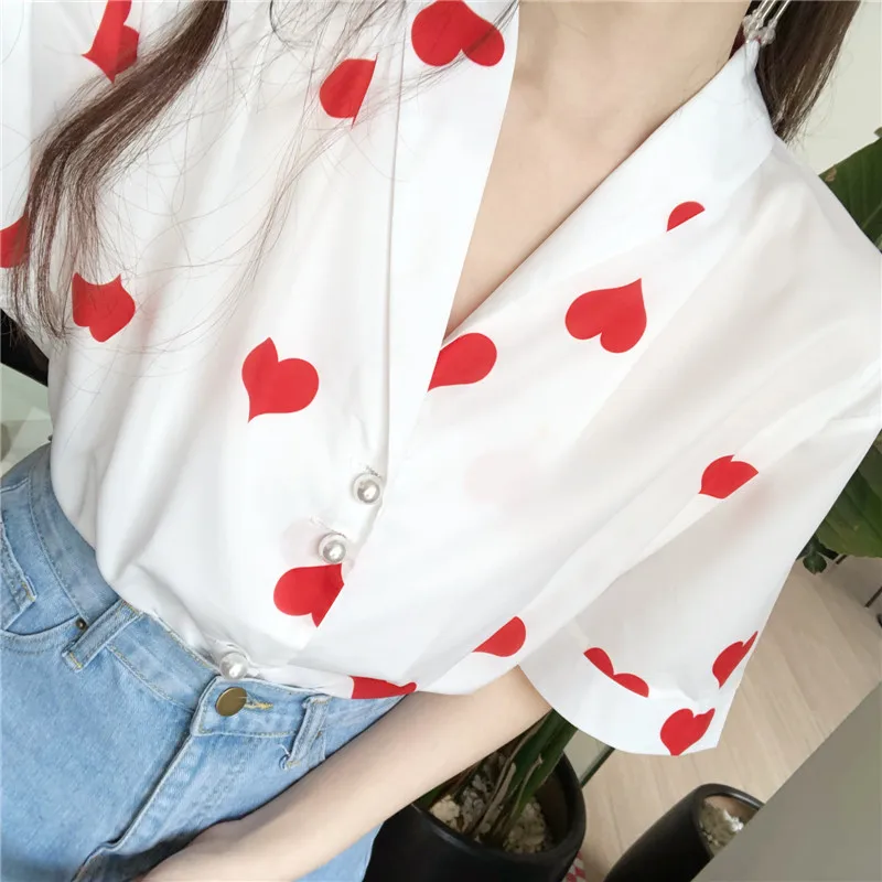 Новый красный сердце blusas модный бренд женские летние футболки белый отложной