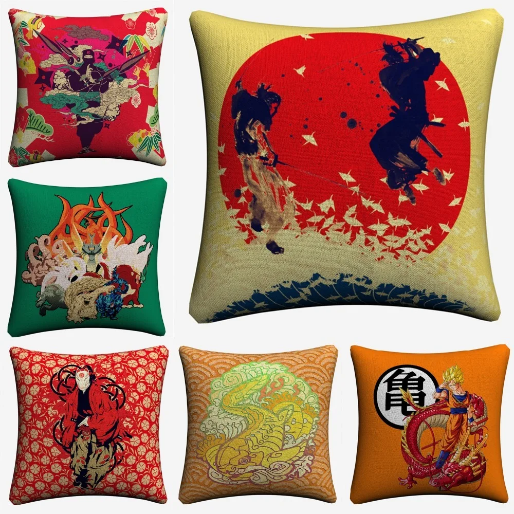 Japanese Harajuku Samurai Art Decorative Linen Cushion Covers For Sofa