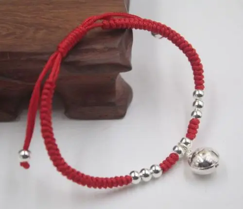 

Solid 925 Sterling Silver Fu Bell Charm Red Cord Knitted Bracelet Adjustable