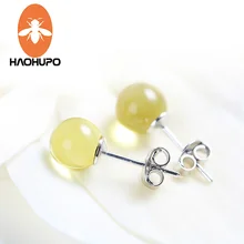 Hao Hu Po 8MM Round Shape 925 Sterling Silver Stud Genuine Amber Earrings for Women Gold Amber Jewelry Women Girl Trendy Gift Hao Hu Po 8MM Round Shape 925 Sterling Silver Stud Genuine Amber Earrings for Women Gold Amber Jewelry Women Girl Trendy Gift