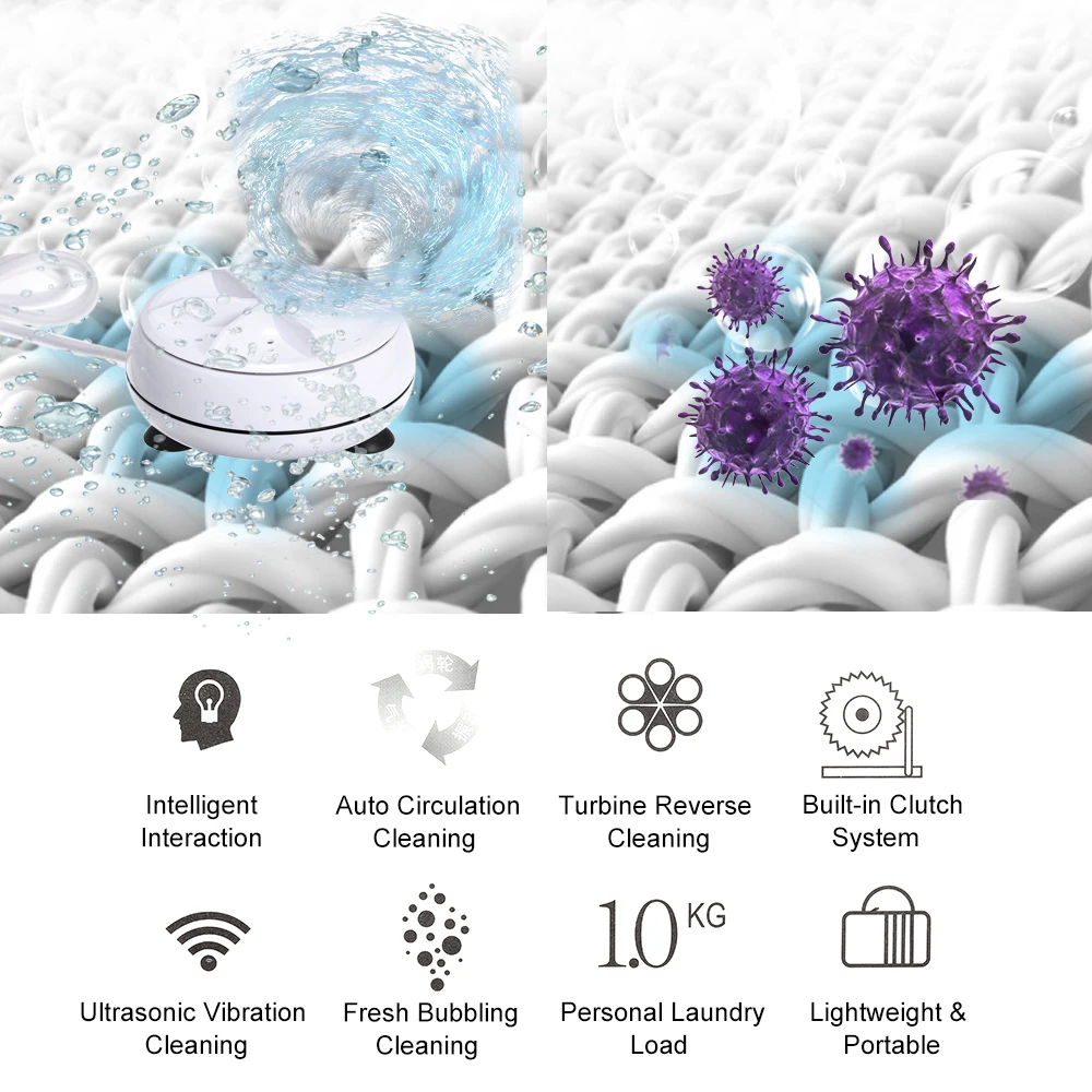 2 in 1 Mini Portable Washing Machine Ultrasonic Washer with USB Cable Convenient Cleaning for Travel Business Trip Accessories