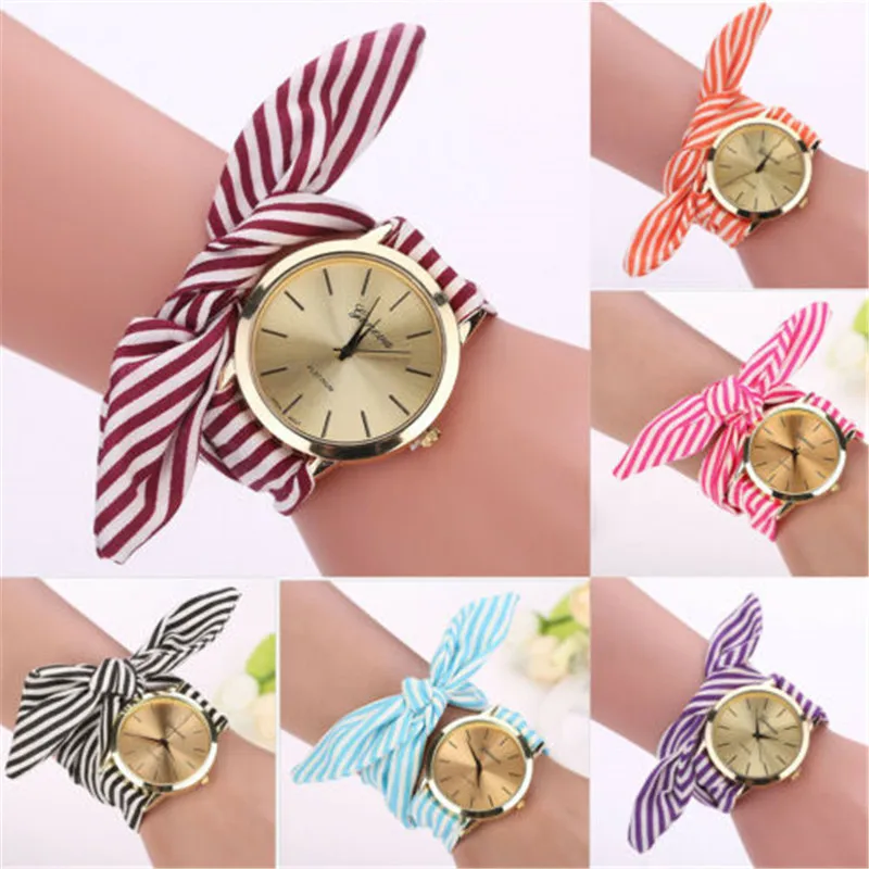 

Women Bracelet Watch Stripe Floral Cloth Band Analog Quartz Wristwatch Stripe Floral Cloth Quartz Dial Bracelet Wristwatch Watch