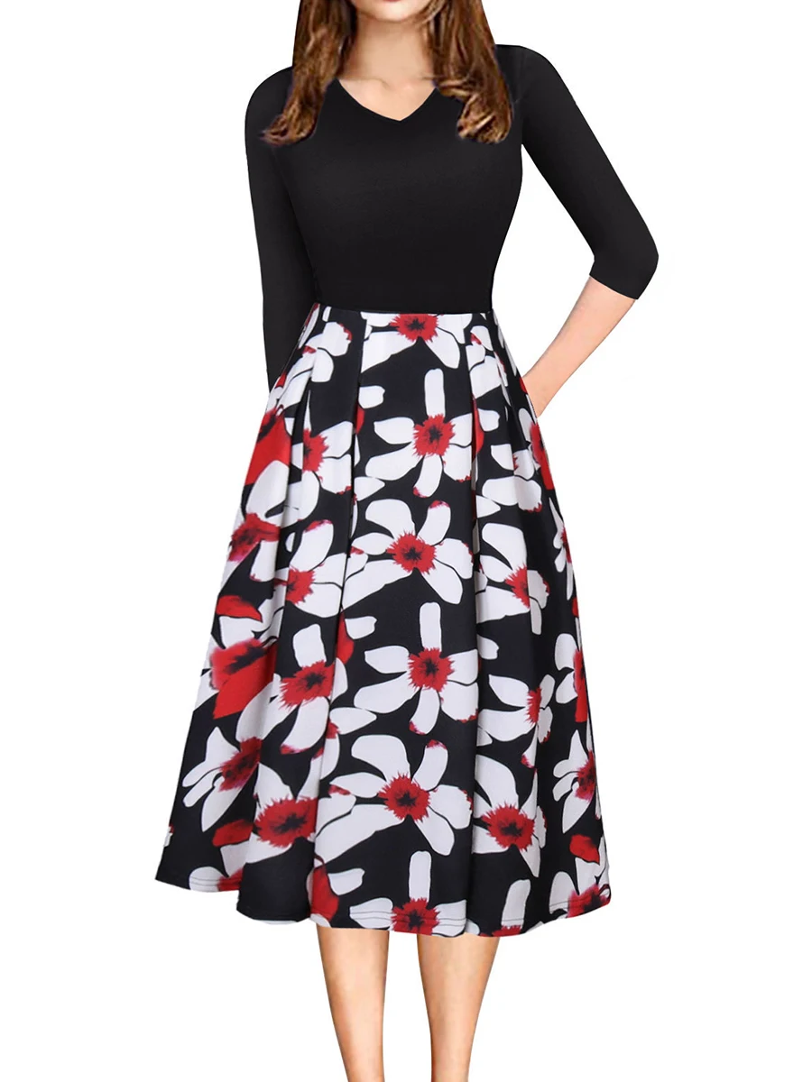 Women Ladies Elegant 3/4 Sleeve Floral V-neck Midi Dress Cocktail Party | Женская одежда