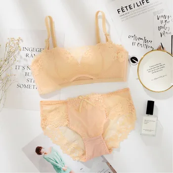 

New Sexy Lace half cup Bra Sets For Women Wireless Thin Breathable Comfortable Underwear 2 Colors Lingerie Set