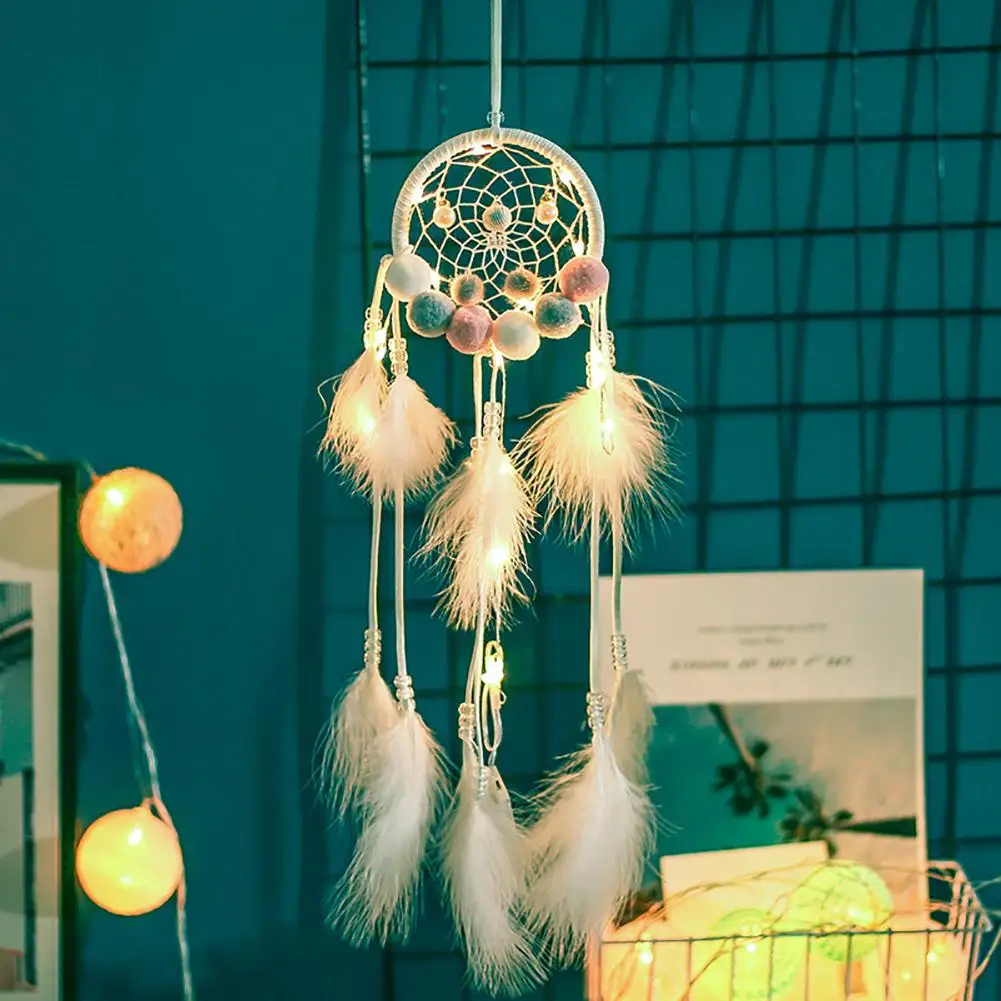 

Handmade Ball Beads Feather Dream Catcher Night Light Girl Bedroom Decoration