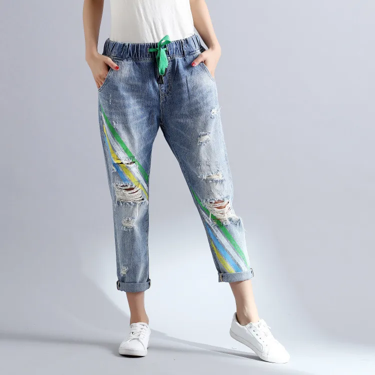 

[EWQ] 2019 Spring Summer New Arrival Women Ripped Jeans Plus Free Size Denim Pants Online Chinese Store Women Fashion MC135