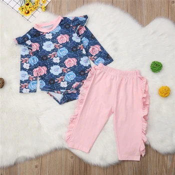 

0-2Years Newborn Baby Girl Spring Autumn Outfits Clothes Flower Romper Ruffle Pink Pants 2PCS Set