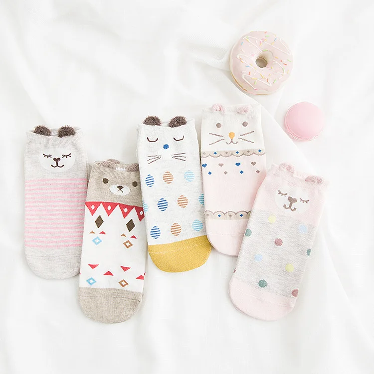 

5 Pairs Cartoon Lovely Kitty Bear Panda Totoro Rabbit Cow Animals Ears Boat Socks Three-dimensional JP Girl Freah Cute Funny