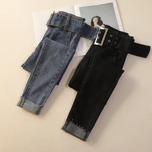 Прямые джинсы с завышенной талией и манжетами, обычные одноцветные синие штаны, длина по щиколотку, широкий пояс, новинка весны, Модная Джинсовая женская одежда