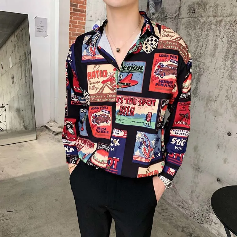 

2019 Fashion Spring New Pattern Mens Loose Shirts Fancy Nigh Club Outfits Letter Graffiti Printed Ice Silk Long Sleeve Shirts