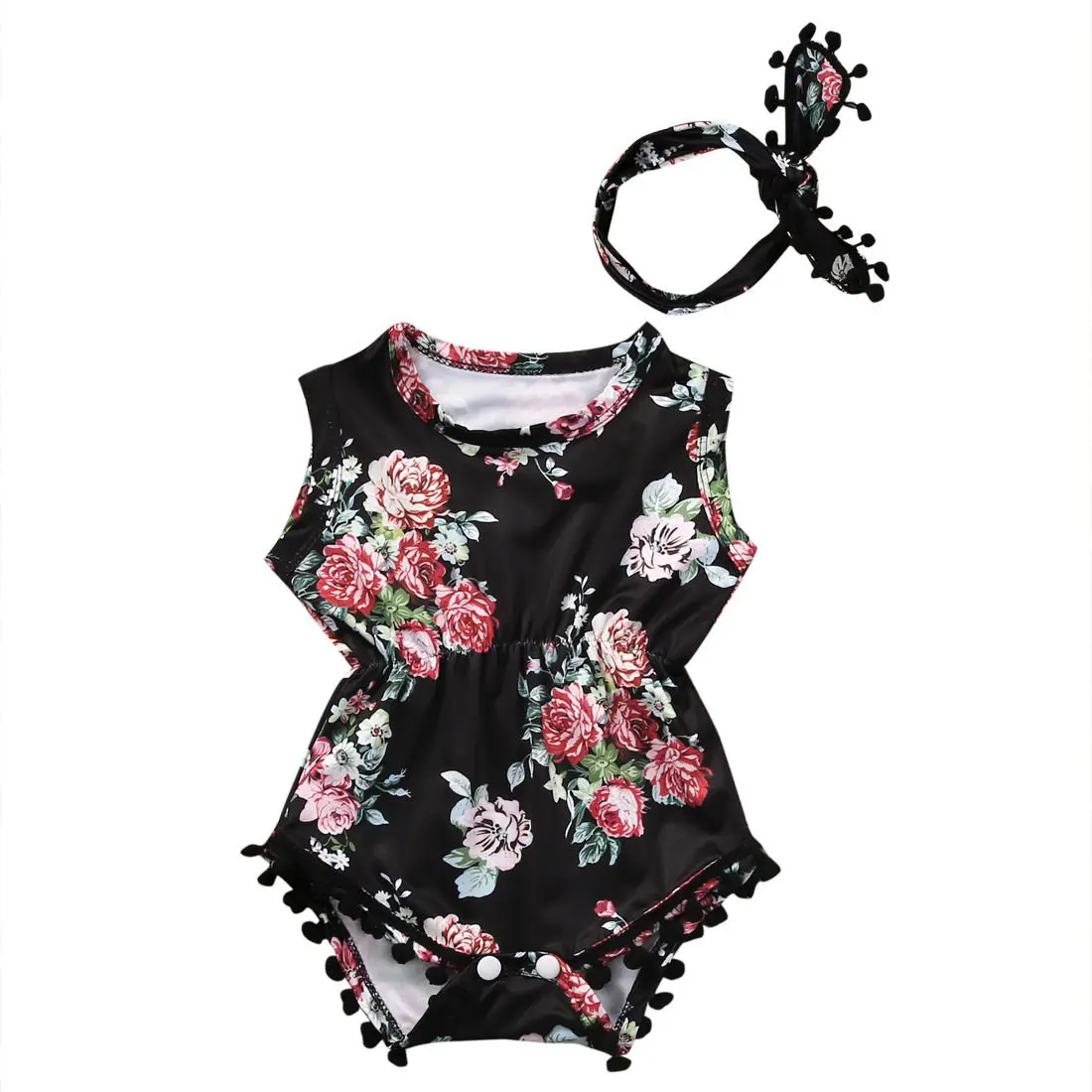 

Newborn Baby Girls Floral Romper Sleeveless Tassel Jumpsuit Headband Sunsuit Outfit Summer Clothes