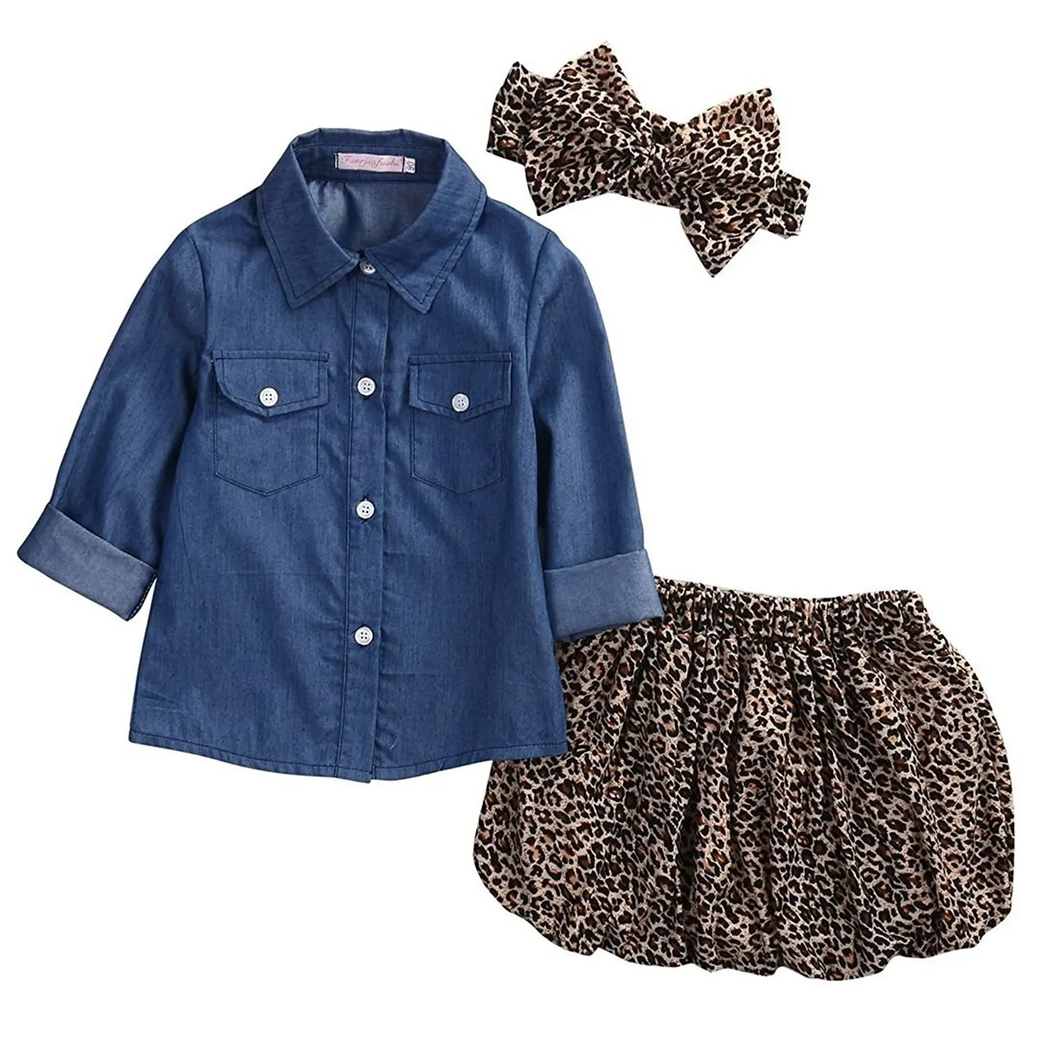  Okaldy Cute Baby Girl Blue Jean Shirt +Leopard Print Short Princess Skirt+Bowknot Headband