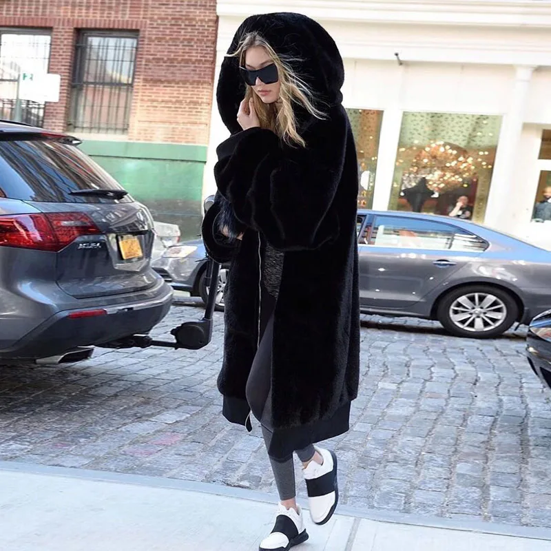 

2018 New Winter Warm Hooded Large Size Medium Length Solid Color Faux Leather Fur Coats For Parka Women Casual Long Sleeve Coat