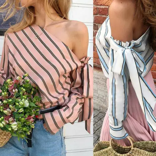 

Spring Summer Women Off Shoulder Long Sleeve Shirt Tops Striped Knot Chic Loose Ladies Sexy Casual Shirt Blouse