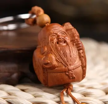 

Chinese Peach Wood Carved Shou Star He God Of Longevity Handing Peach Exquisite Car Key Chain Pendant