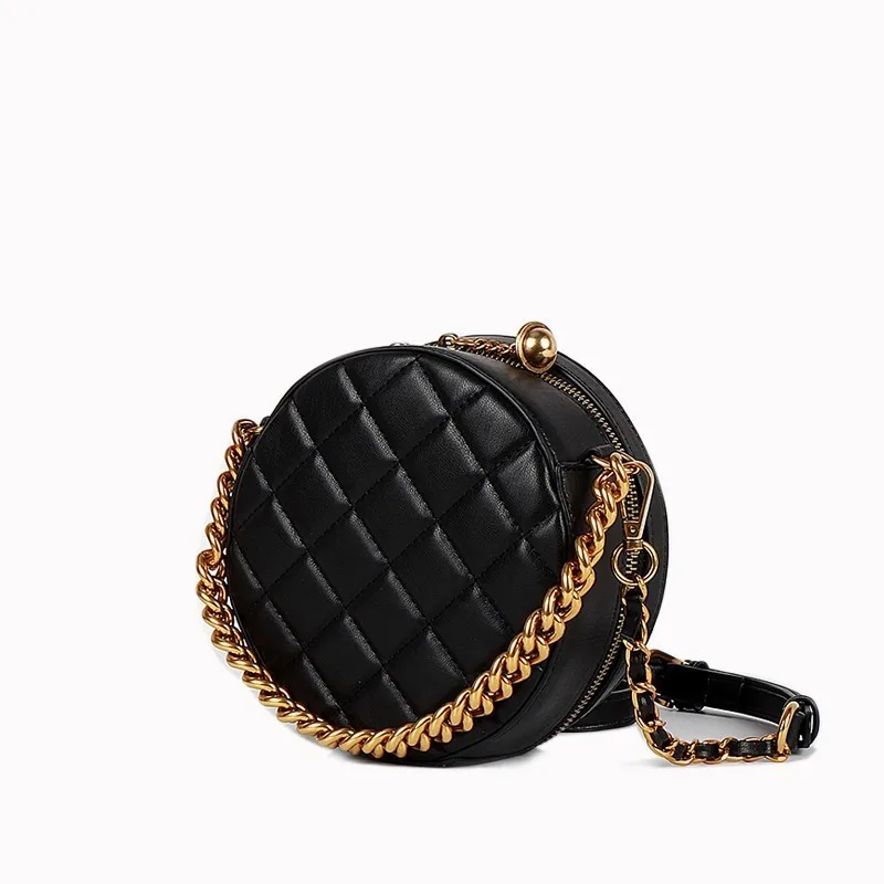 

Women Leather Handbag Round Cute Small Fashion Bags Metal Chains Bag Designer Shoulder Messenger Bag Circular Crossbody Bag