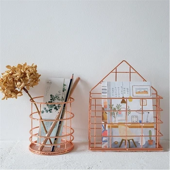 

Rose Gold Wire Net Pencil Holder Round Iron Mesh Pen Cup Stationery Organizer Desk Sorter For Office Home School