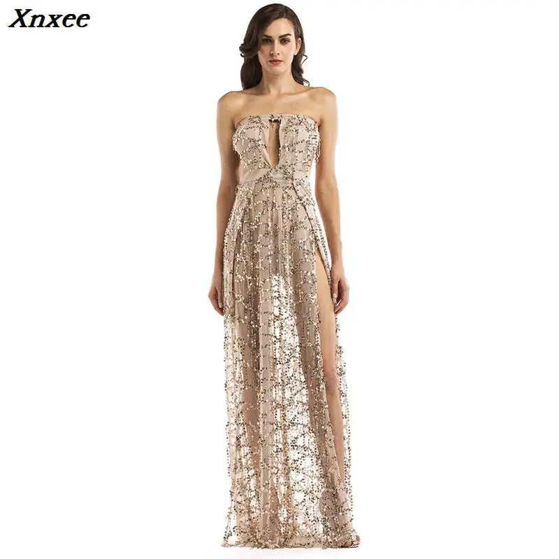 

Xnxee vestidos sexy transparent backless sequin dress glitter summer woman clothes mesh strapless white party club long dresses