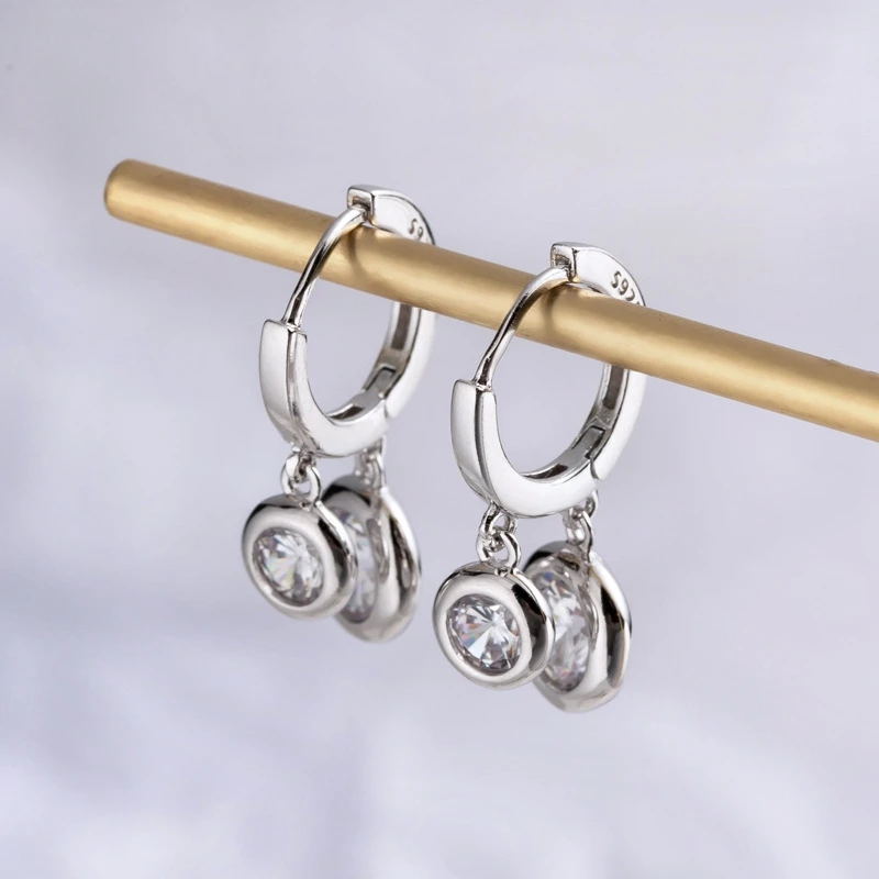 

925 Sterling Silver Hoop Earrings Black And White Cubic Zirconia Minimalist Bridesmaid Gift For Women Round Drops Girls Earrings