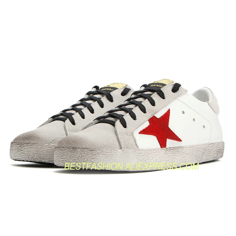 

Fashion Do Old Dirty Shoes Women Real Cow Leather Red Star &Black Lace Up Street Lazy Style
