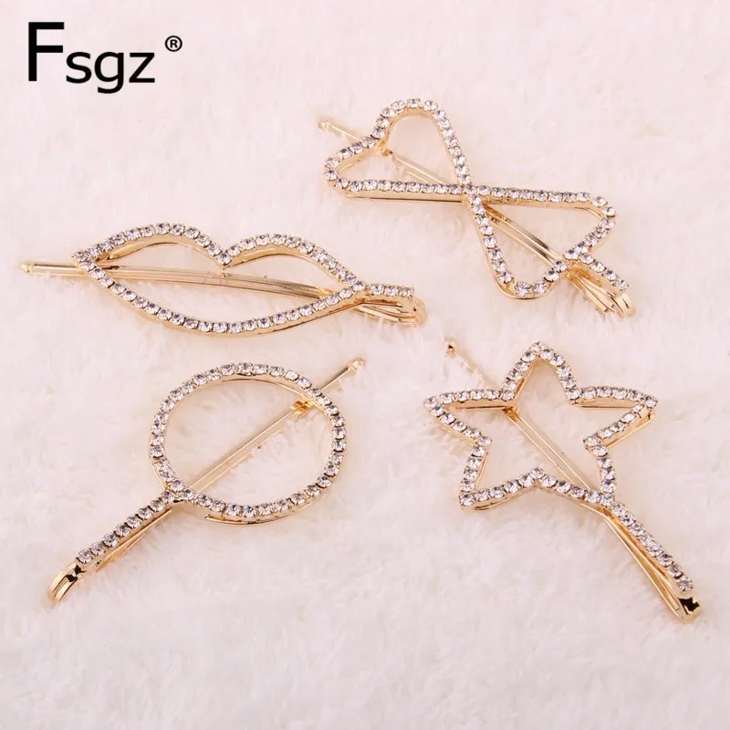 

Crystal Hairpin For Women Rhinestones Paved Fringe Hair Clips Gold Metal Hairgrips Geometric Hollow Out Tips Star Type Bobby Pin