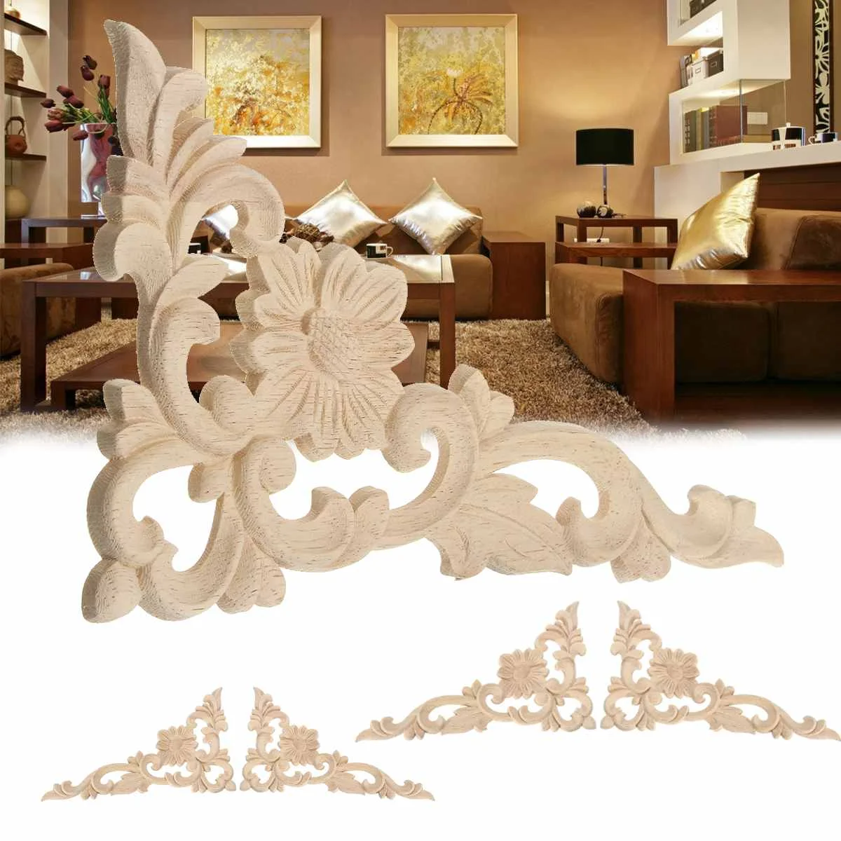 

Retro Wood Carved Corner Onlay Applique Frame Decor Furniture Craft Unpainted For Home Cabinet Decorative Craft 17x10cm 25x15cm