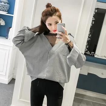 

2019 Preppy Style Mesh Patchwork Women Shirts V-Neck Fake Two-Piece Blouses Loose Casual Shirts