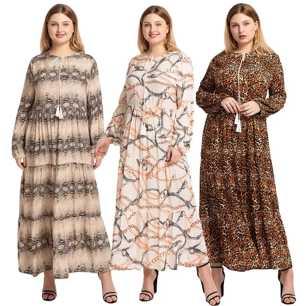 Модные с леопардовым принтом длинное платье Для женщин Boho для отдыха и вечеринок абайя, кафтан плюс Размеры мусульманский с длинным