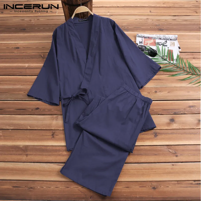 

2Pcs/Set Fashion Kimono Pajamas Male Robe Gown Mens Lounge Bathrobe Sleepwear Mens Cotton Pajamas Suits Lightwear Loose Fit NEW