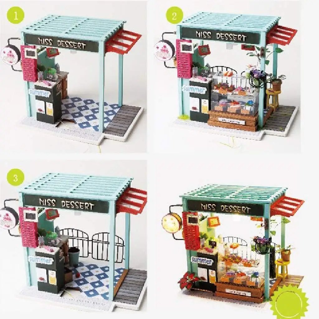 1/24 Miniature Dollhouse Kit DIY Wooden Doll House Dessert Shop Model with LED Lights Educational Toys Gift for Children Adult