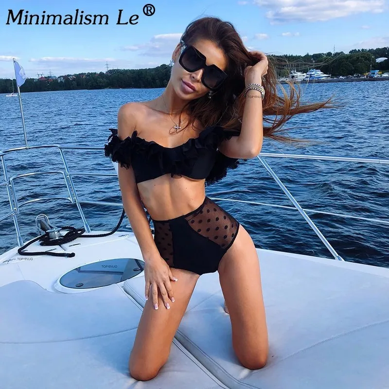 

Minimalism Le Solid Ruffle Mesh Swimwear Women Push Up One Piece Swimsuit Beach Bikinis Surfing Bikini Bathing Swimming Suit