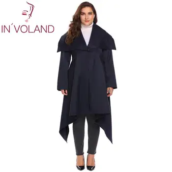 

IN'VOLAND Plus Size Women Trench Overcoat Long Sleeve Asymmetrical Trench One-Button Autumn Winter Outwear Long Style Women Coat