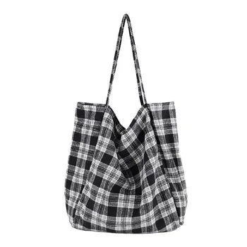 

Casual Canvas Large Shopping Bag Women Plaid Big Tote Bag Black Red Canvas Shopper Female Travel Shoulder Bags Handbag Wholesale