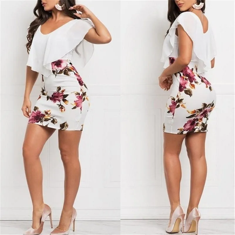 Plus Size 5XL Women Dress New Fashion Casual Flower Print Chiffon Ruffles Mini Slim Dress female Summer Buttock Dresses C228