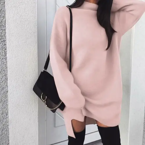

Women High Collar Plain Batwing Sleeve Sweaters Dress Knitwear Pullover Dress