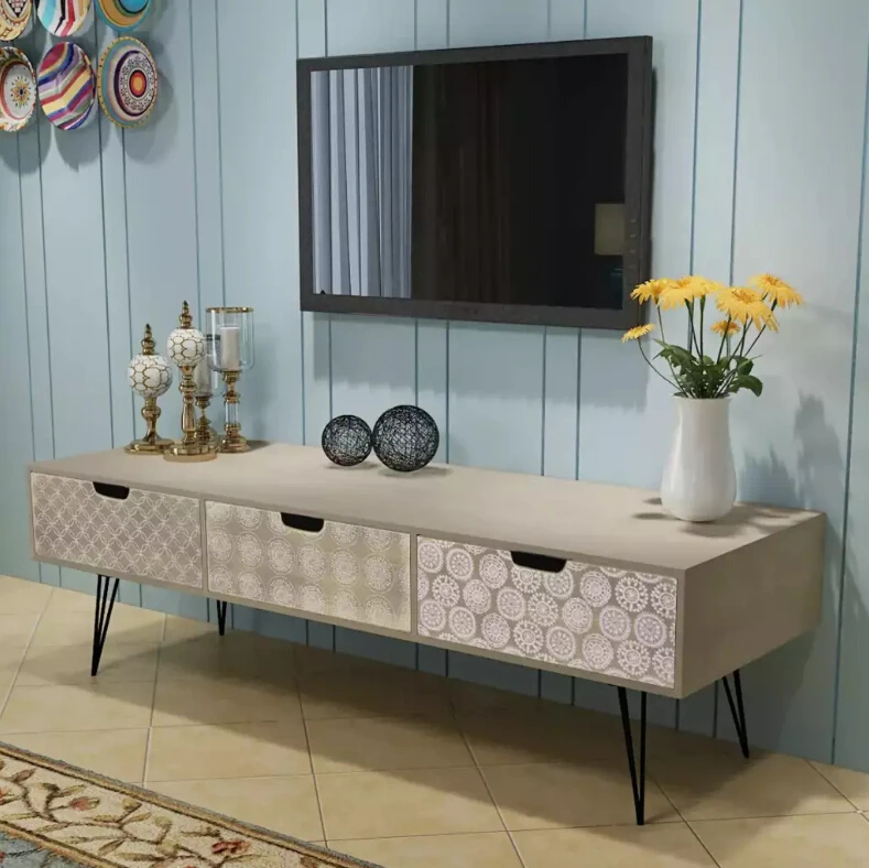 cheap vidaXL Modern Simple MDF steel TV Cabinet with 3 Drawers 120x40x36 cm Living Room Furniture