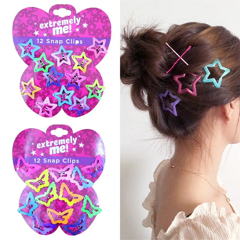 

Hot 12PCS/Set Cute Star Glitter Hair Clips BB Clips Asymptotic Girls Children Buterfly Pentagram Kids Hairpins Woman Accessories