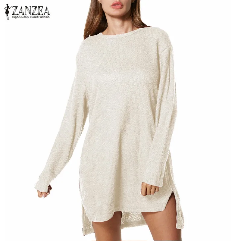 

Women Mini Short Dress 2019 Autumn Casual Loose Pullover Solid Round Neck Long Bat Sleeve Zipper Split Dress Vestidos Plus Size