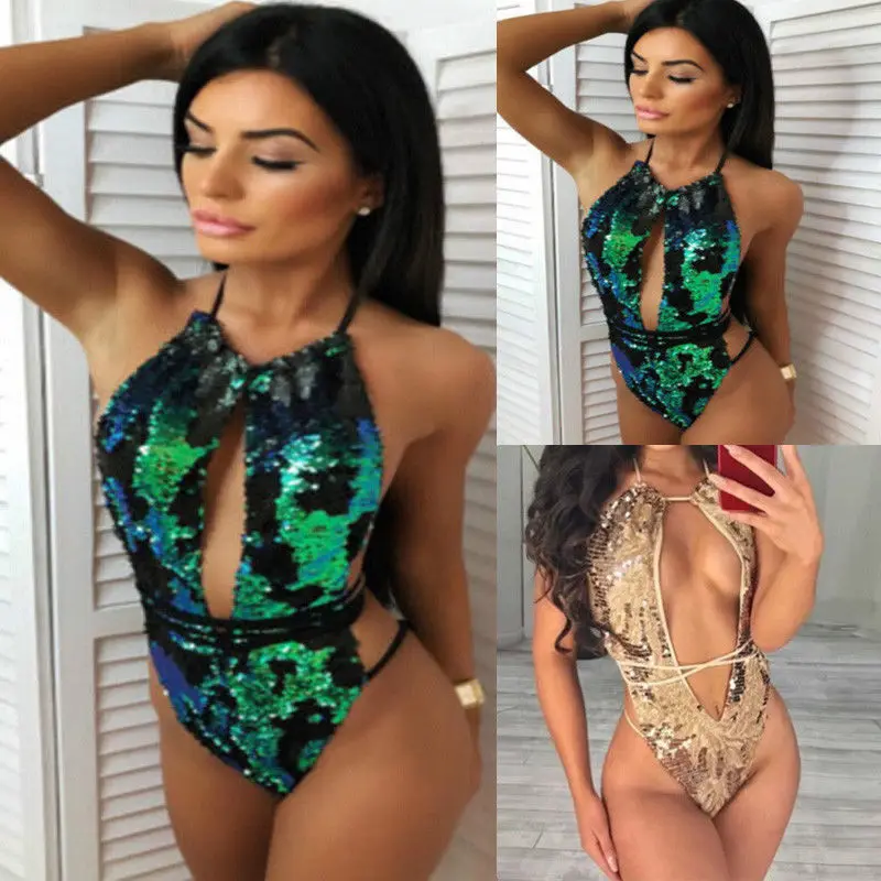 

2019 women Swimwear Sexy one piece Bandage paillette swimsuit swim suit thong Bathing suit female Monokini