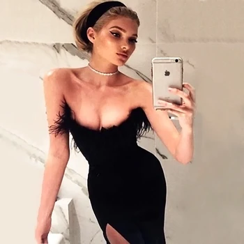 

High Quality Black Strapless Feather Rayon Bandage Dress Cocktail Party Bodycon Dress
