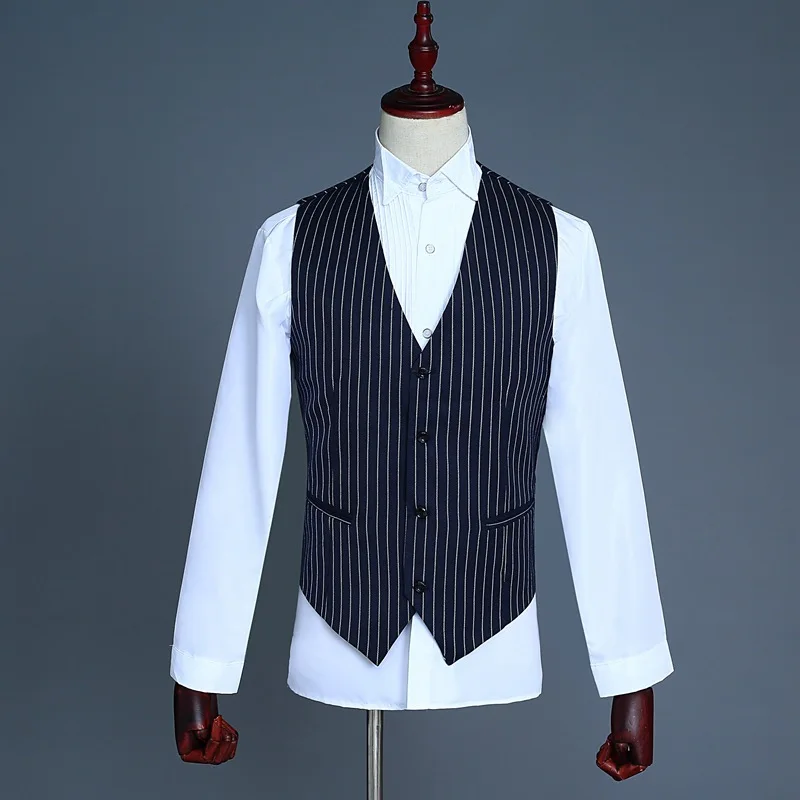 WINWAY Мужская мода синей полосой Blazer брюки из двух частей женихов Для мужчин